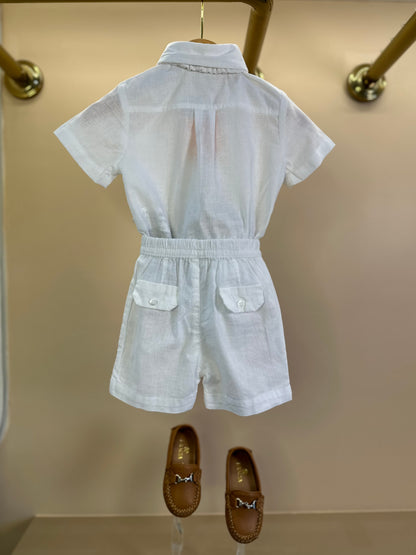 Conjunto Bebê Batizado Camisa-body e Bermuda Linho Misto Off White - Um Mais Um