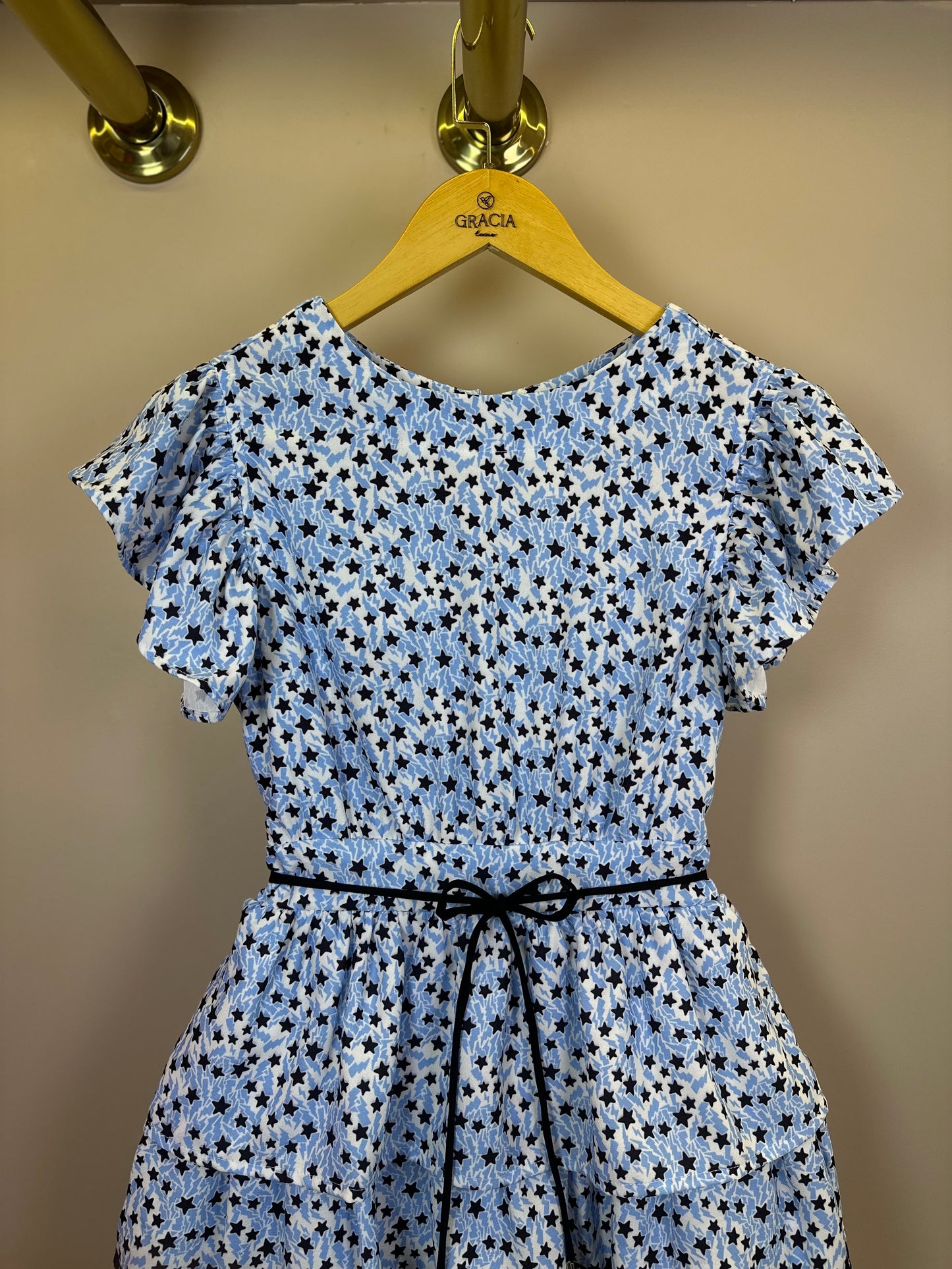 Vestido Teen Crepe Babados Estrelinhas Azul Claro - Two In