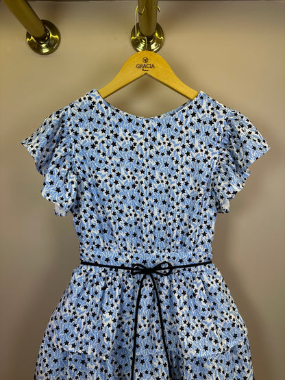 Vestido Teen Crepe Babados Estrelinhas Azul Claro - Two In