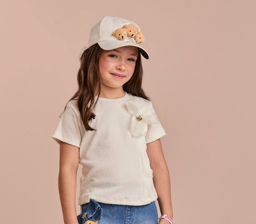 Camiseta Infantil Lacinho Tule Off White e Rosa - Gabriela Aquarela