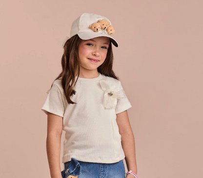 Camiseta Infantil Lacinho Tule Off White e Rosa - Gabriela Aquarela