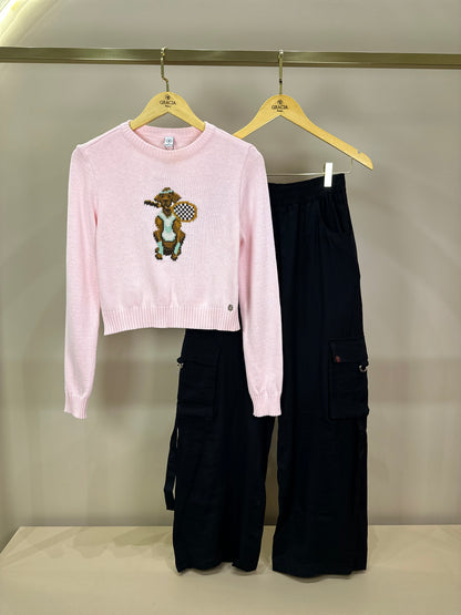 Conjunto Teen Suéter Tricot Dog Tennista Rosa e Calça Cargo Wide Leg Preta - Two In