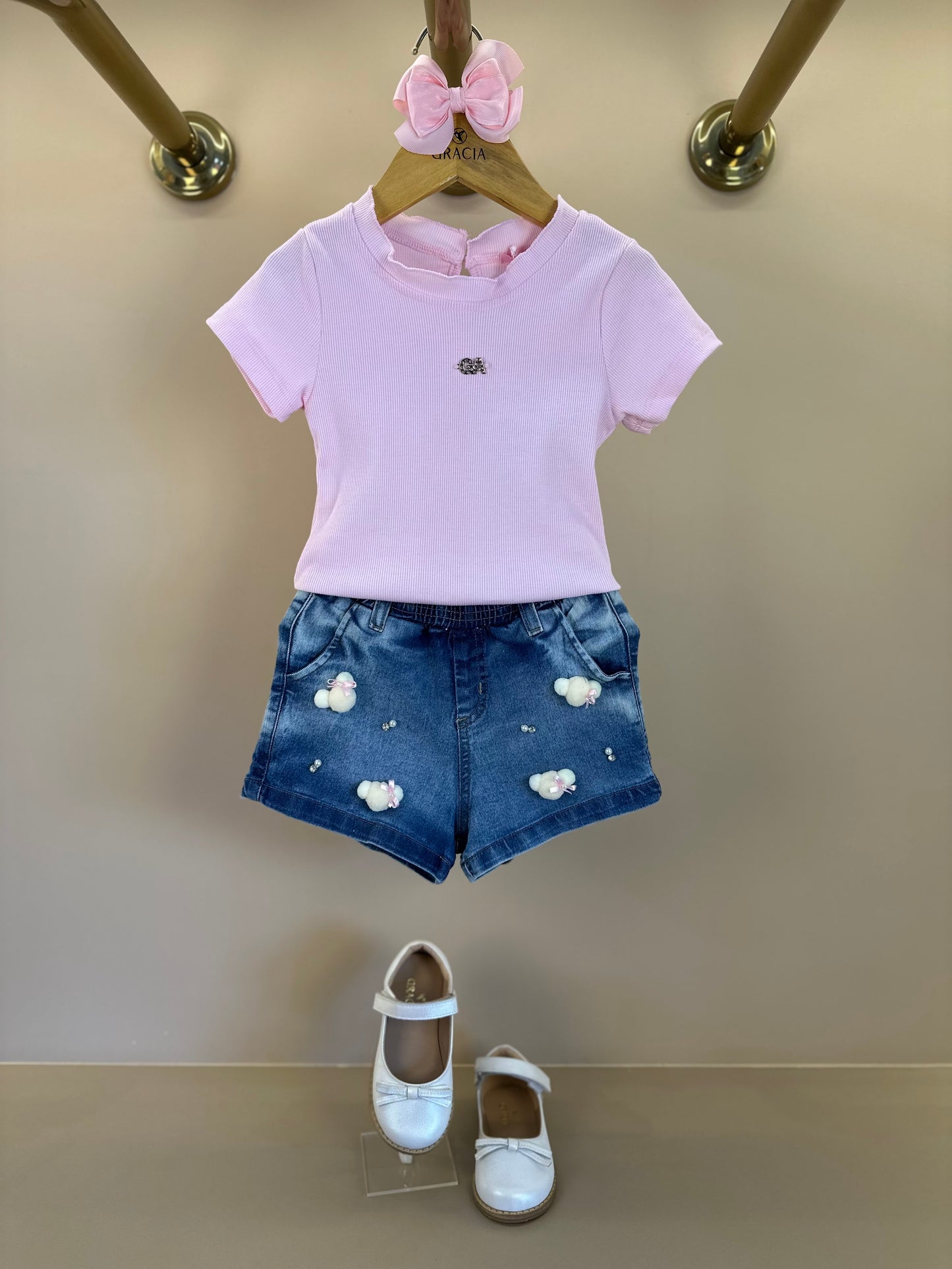 Conjunto Infantil Blusa Rosa e Shorts Jeans Ursinhos  Pompom  - Gabriela Aquarela