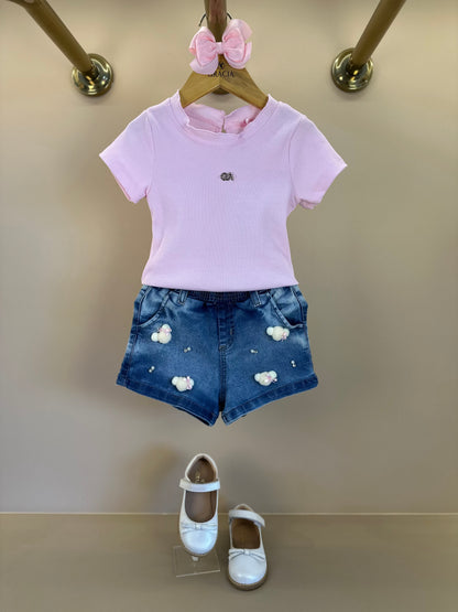 Conjunto Infantil Blusa Rosa e Shorts Jeans Ursinhos  Pompom  - Gabriela Aquarela
