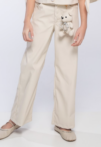 Conjunto Infantil Regata Canelada Vermelha Babados em Tule Calça Wide Leg Pingente Urso - Luluzinha