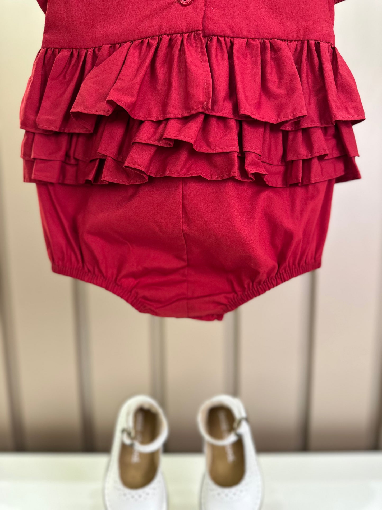 Romper Bebê Fofinho Tricoline Babados Vermelha - Um Mais Um