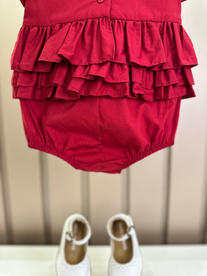 Romper Bebê Fofinho Tricoline Babados Vermelha - Um Mais Um