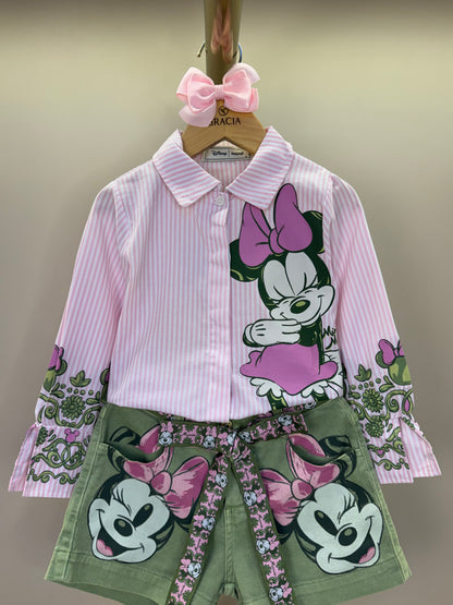 Conjunto Infantil Camisa Listrada Disney Punhos Conceito e Shorts Minnie Mouse Verde Forest - Animê