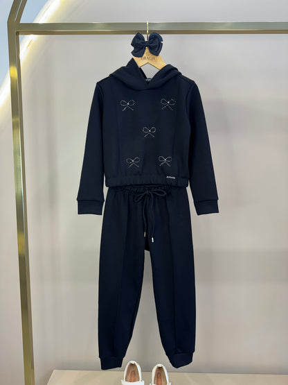 Conjunto Infantil Blusão Boxy Lacinhos Strass e Calça Jogger Tecnonew Preto - Infanti