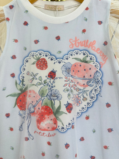 Vestido Infantil Malha Cotton Com Tule Strawberry - Petit Cherie