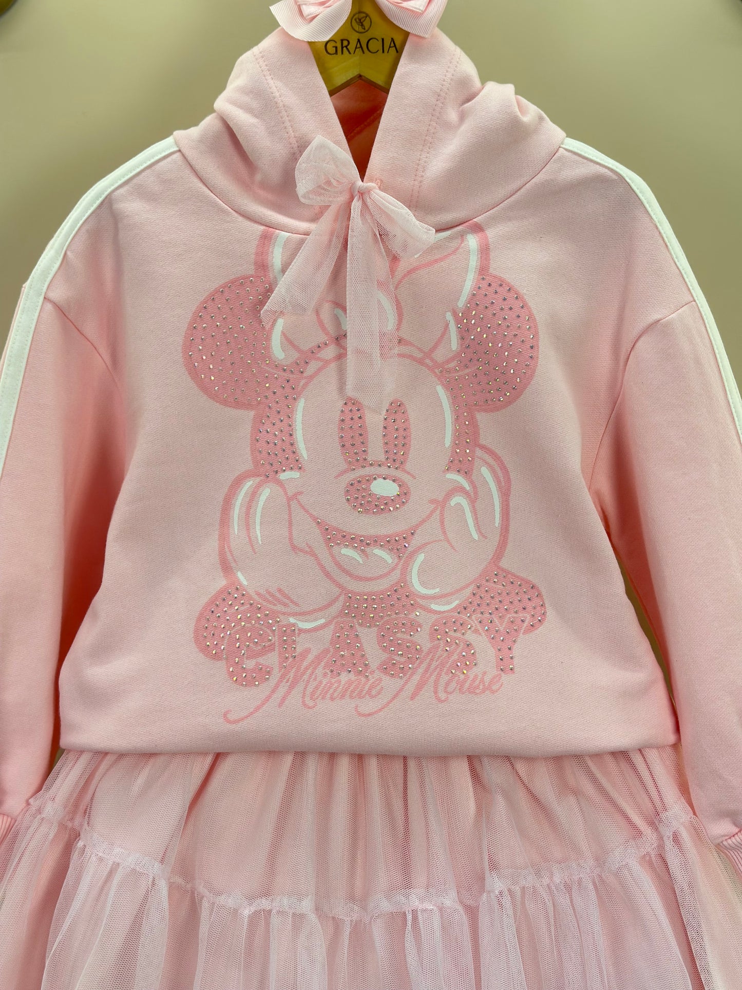 Conjunto Infantil Casaco Minnie Strass Laço e Saia Tule Babado Rosa Soft - Animê Petite