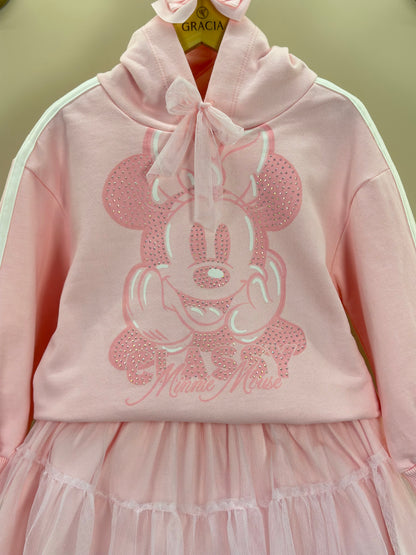 Conjunto Infantil Casaco Minnie Strass Laço e Saia Tule Babado Rosa Soft - Animê Petite