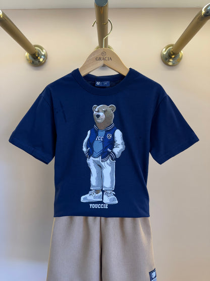 Conjunto Infantil Camiseta Ursinho College e Bermuda Bege - Youccie