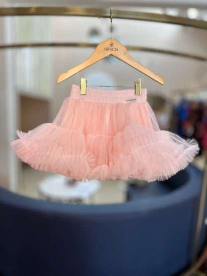 Conjunto Infantil Blusa Cropped Maxi Laço Bordado e Saia-shorts Babado Frufru Tule Rosa Baby - Pituchinhus