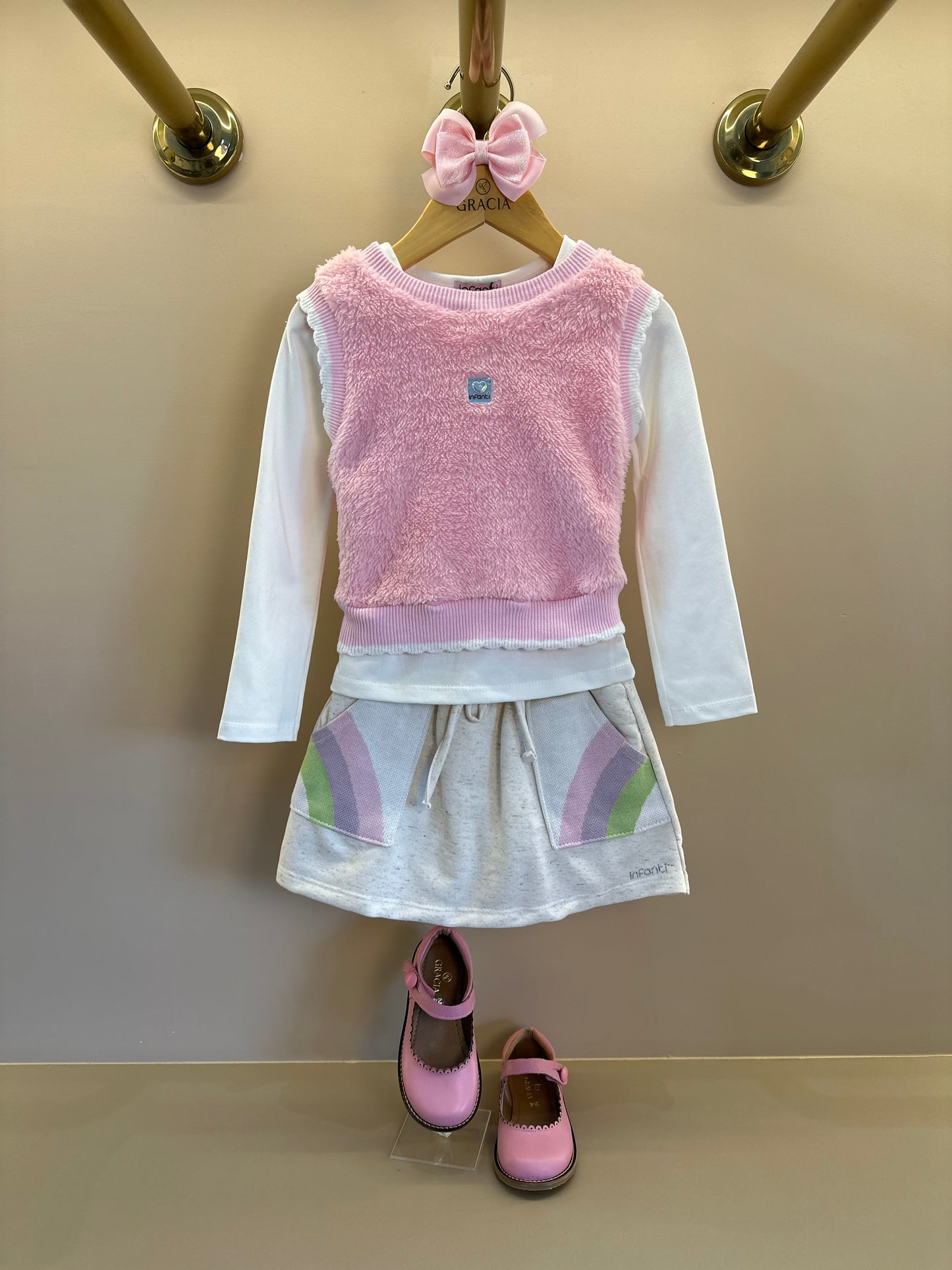 Conjunto Trio Blusa ML Off White, Colete Rosa e Saia Bege - Infanti