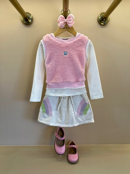 Conjunto Trio Blusa ML Off White, Colete Rosa e Saia Bege - Infanti