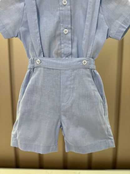 Conjunto Bebê Body, Bermuda e  Suspensório Cambraia Linho de Algodão Azul Claro - Um Mais Um