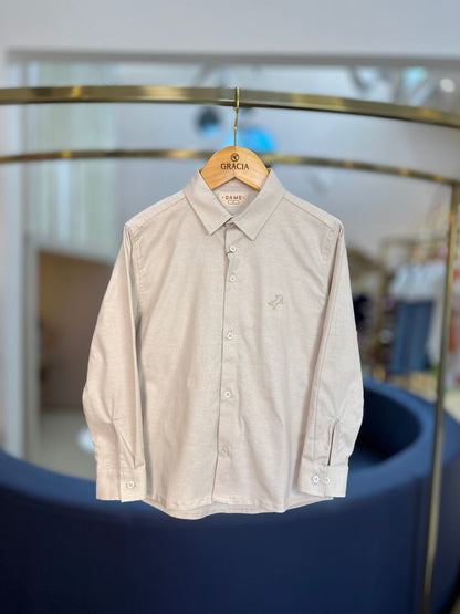Conjunto Infantil Camisa Social Oxford Bege e Calça Social Sarja Flex Preta - Dame