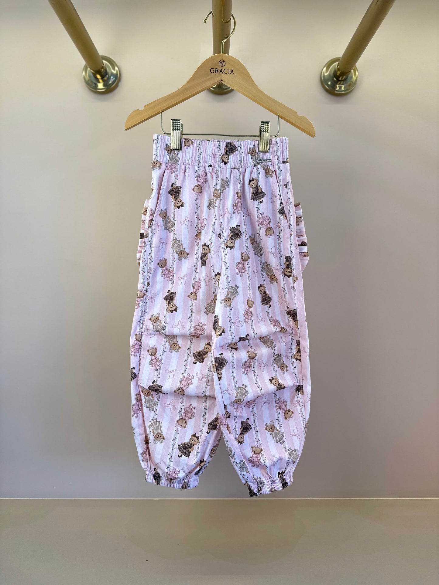 Calça Infantil Jogging Algodão Bolso Babado Ursinhas Listras - Pituchinhus