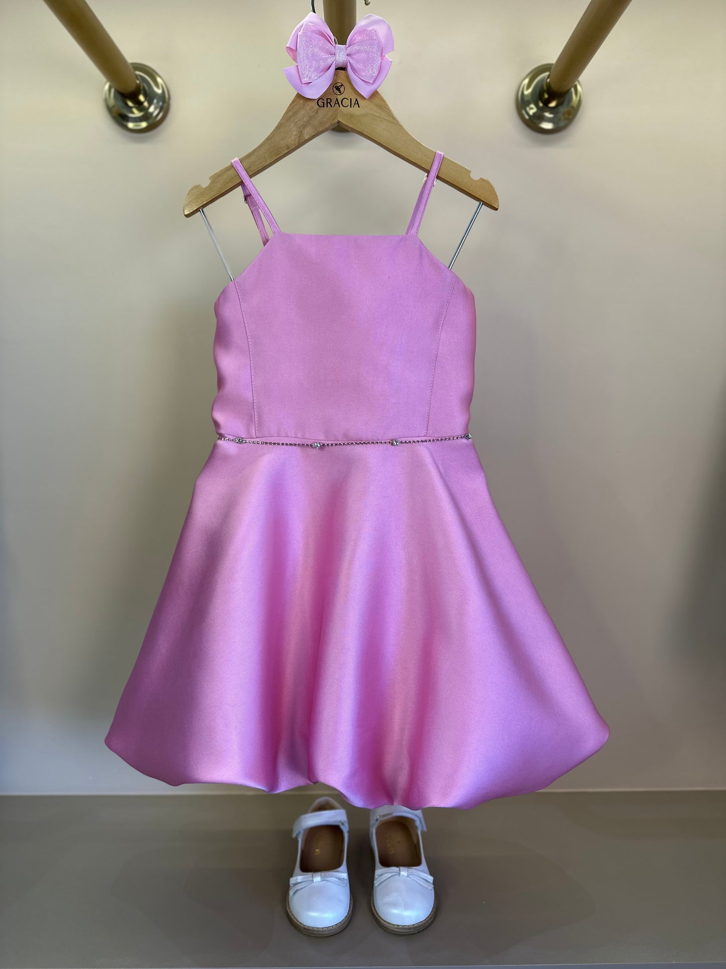 Vestido Infantil Balonê Zibeline Rosa Cinto Strass - Petit Cherie