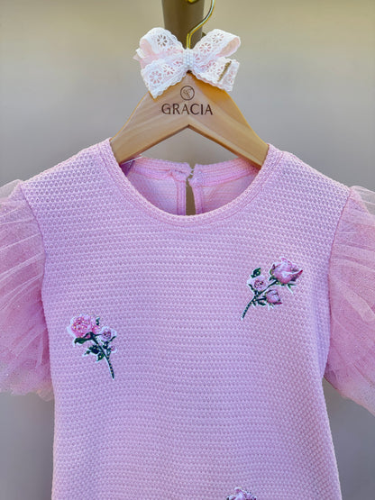 Vestido infantil Linha Malha Patch Flor Strass com Manga Babado Tule Glitter - Luluzinha