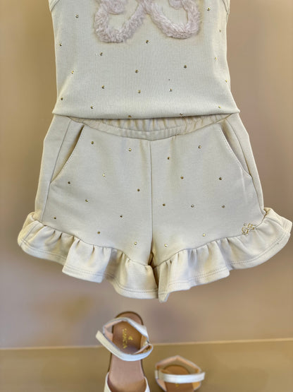 Conjunto Infantil Regata Infinito e Shorts Moletom Babadinho Strass Bege - Luluzinha