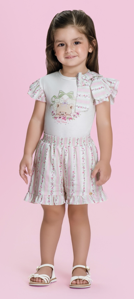 Conjunto Infantil Blusa Ursinha Laço Lateral e Shorts Linho - Petit Cherie