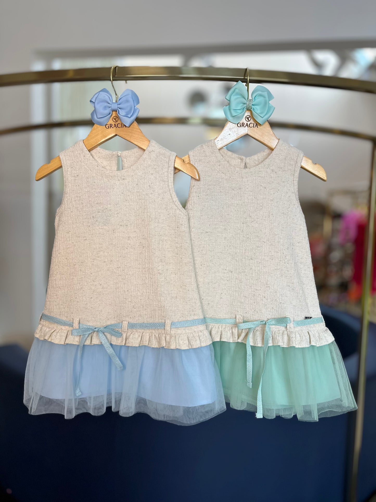 Vestido Infantil Jumper Tweed de Algodão Laço e Babado Azul - Beabá