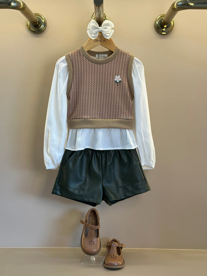 Conjunto Camisa Sobreposição e Shorts  Couro Tech Verde - Infantil