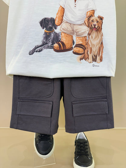 Conjunto Infantil Camiseta Teddy Cachorros Off e Bermuda Suedine Algodão Bolsos Grafite - Dame