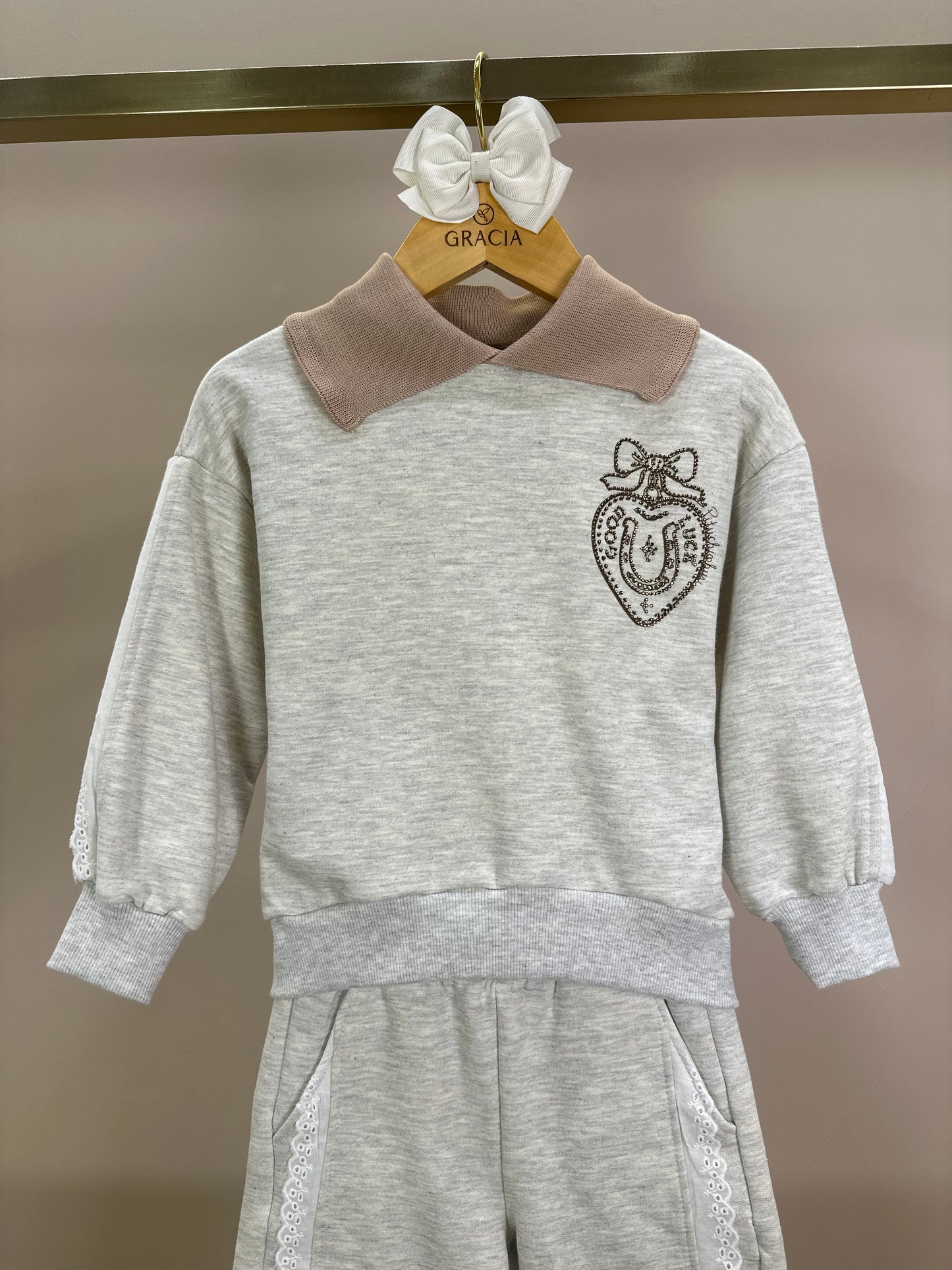 Conjunto Infantil Moletom Mescla Casaco Gola Tricot Good Luck Cavalinho e Calça Reta Broderi - Pituchinhus