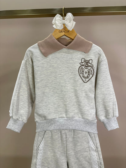 Conjunto Infantil Moletom Mescla Casaco Gola Tricot Good Luck Cavalinho e Calça Reta Broderi - Pituchinhus