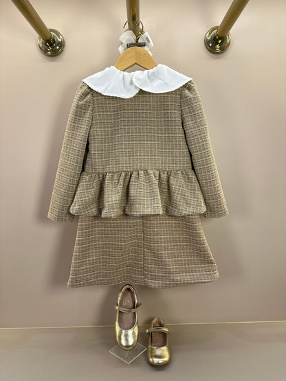 Vestido Infantil Manga Curta Tweed Xadrez Bege - Animê Petite