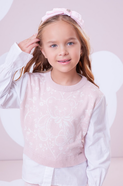 Conjunto Infantil Blusa Tricot Floral Ursinho Rosa Mel e Legging Tricot Floral - Pituchinhus