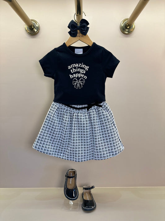 Conjunto Infantil Blusa Amazing Things Happen e Saia Tweed Preto - Momi