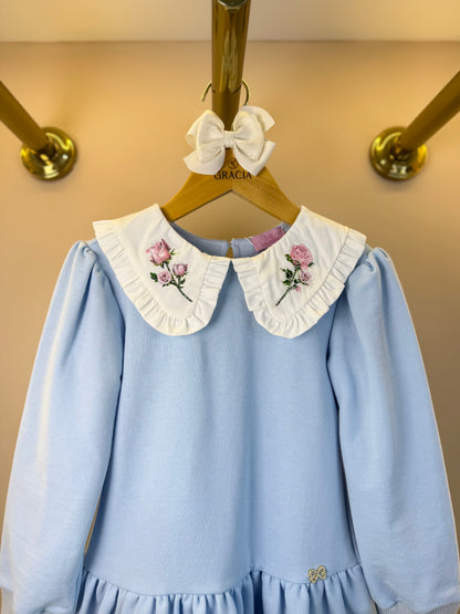 Vestido Infantil ML Babadinho Flores Bordados Azul - Luluzinha