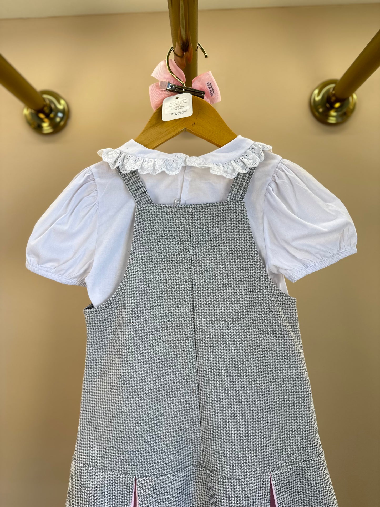 Salopete Infantil Pied Poule Laço com Camisa Gola Babadinho Branca  - Gabriela Aquarela