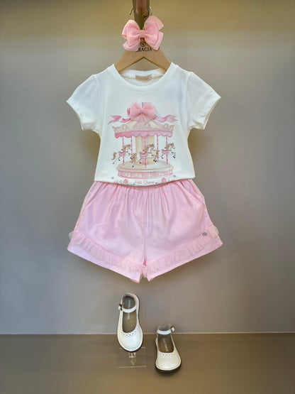 Conjunto Infantil Blusa Carrossel Shorts Babado Rosa - Petit Cherie