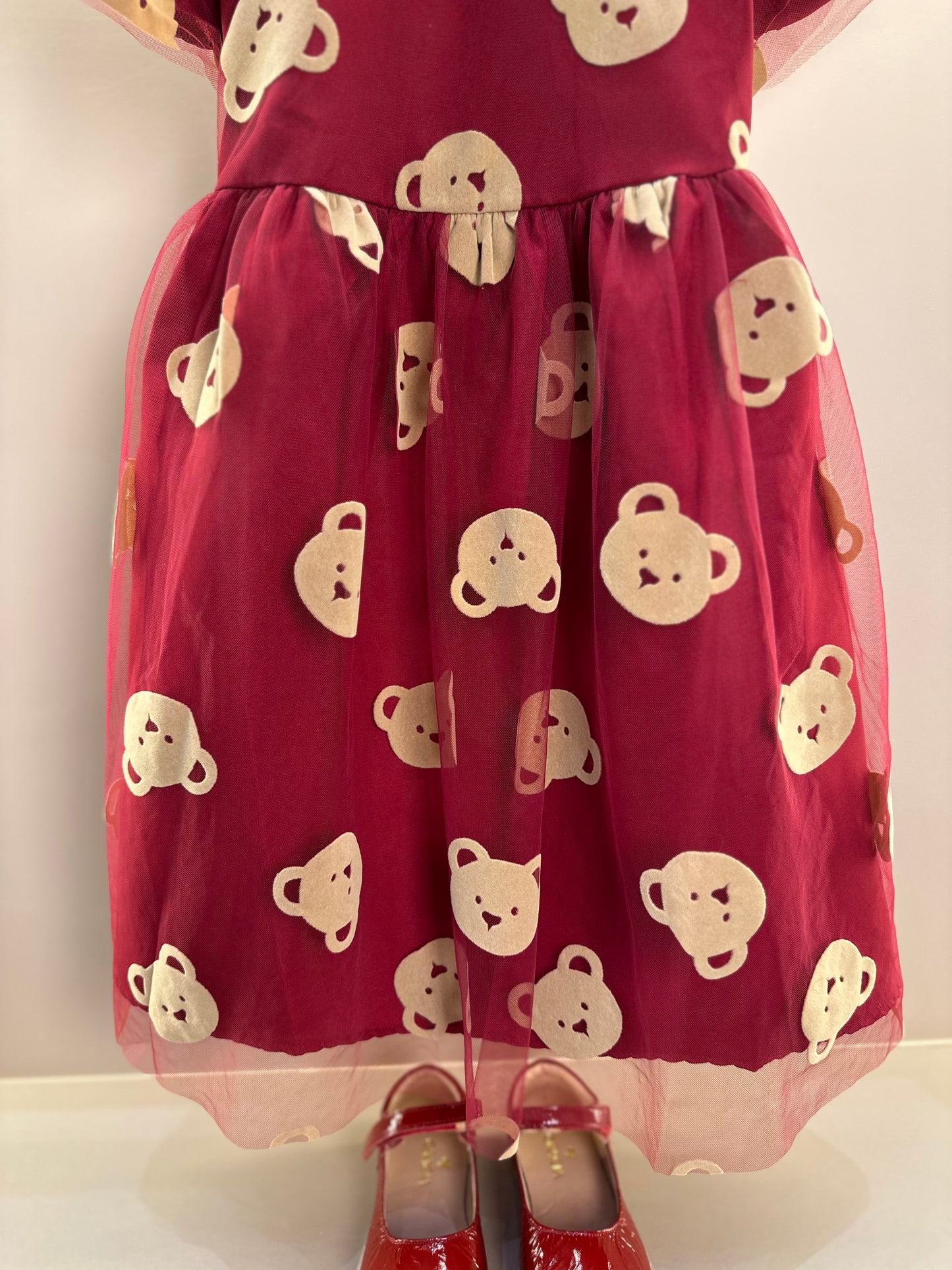 Vestido Infantil Tule Ursinhos Bordô - Momi