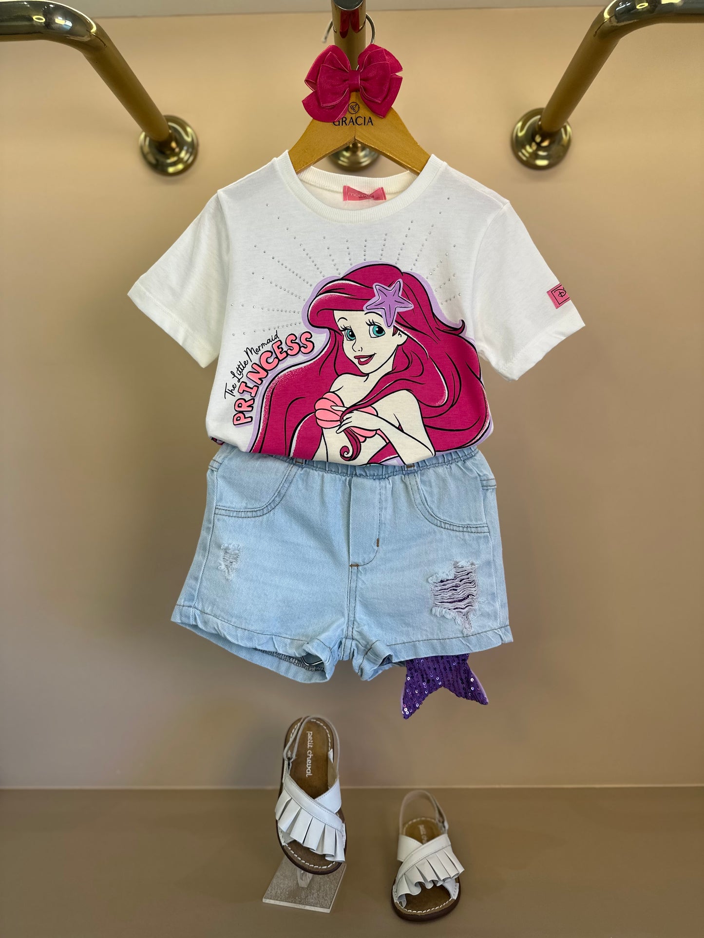 Conjunto Infantil Blusa Ariel Strass e Shorts Jeans Calda Paetês - Momi