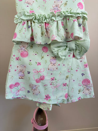 Conjunto Infantil Verde Estampado Blusa Babadinhos e Shorts Saia - Petit Cherie