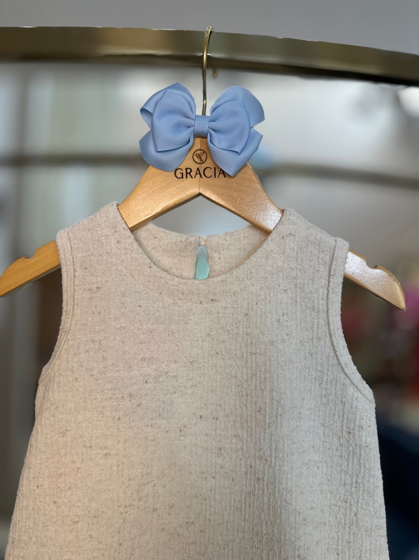 Vestido Infantil Jumper Tweed de Algodão Laço e Babado Azul - Beabá