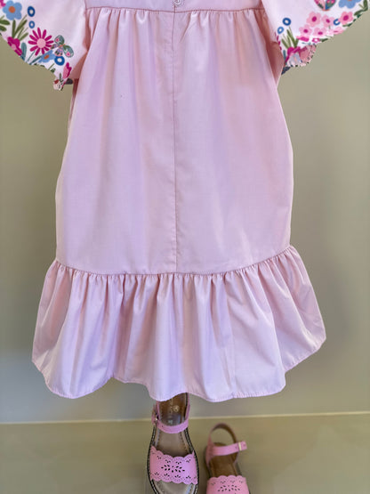Vestido Infantil Trapézio Flores e Babado Rosa - Mon Sucré