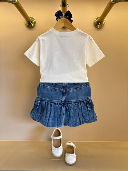 Conjunto Infantil Blusa Minnie & Mickey Lantejoulas e Saia Jeans Balonê Mini-Joia - Animê