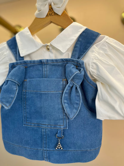 Conjunto Infantil Sobreposição Jeans, Blusa Manga Bufante e Calça Plissada - Animê