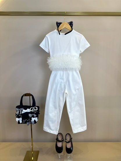 Conjunto Infantil Blusa Ursinha Laço Puffer FruFru Tule e Calça Sarja Baggy Ursinhos e Laços - Pituchinhus