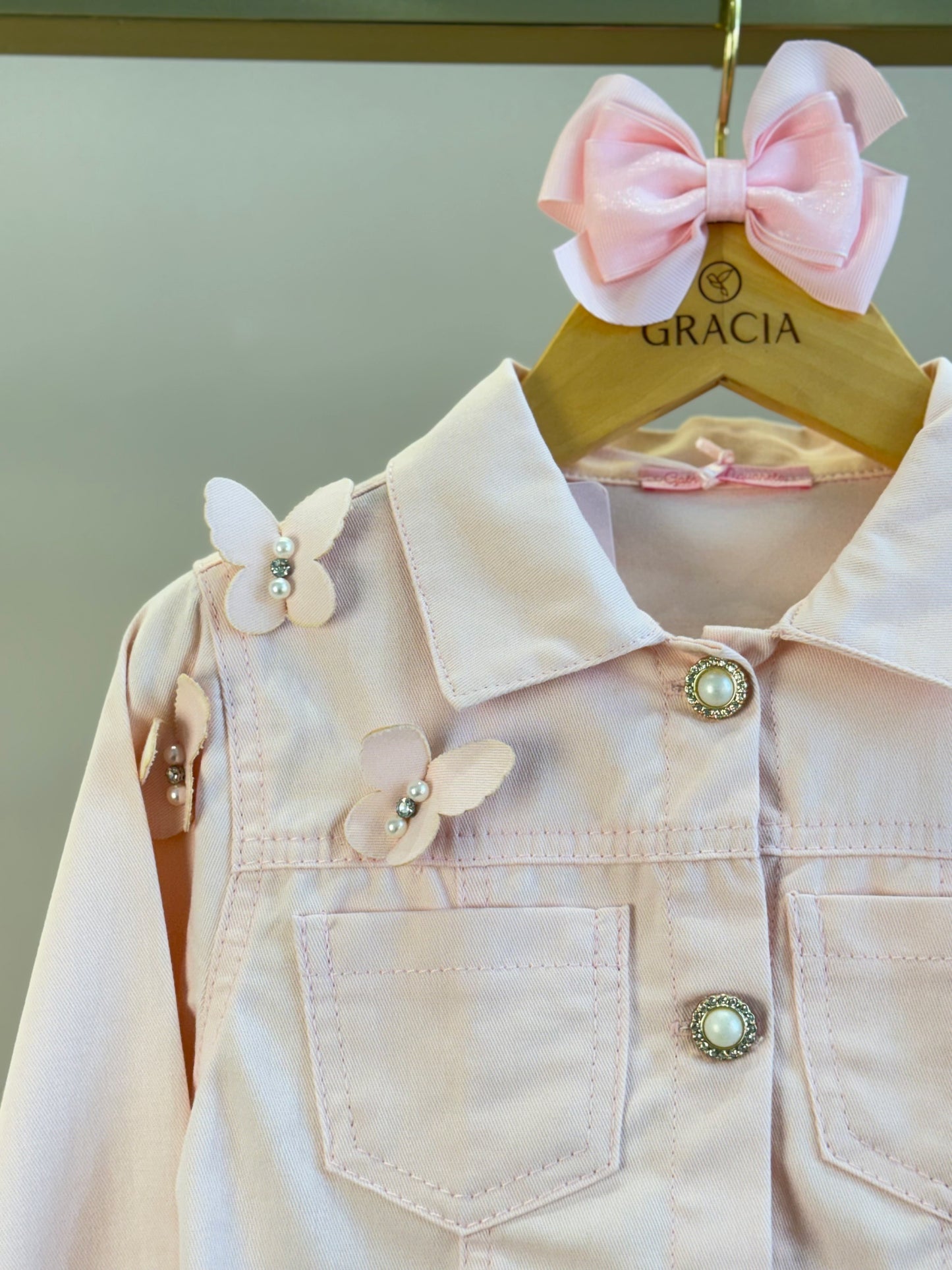 Conjunto Infantil Jaqueta Sarja Rosa Borboletas e Calça Wide Rosa - Gabriela Aquarela