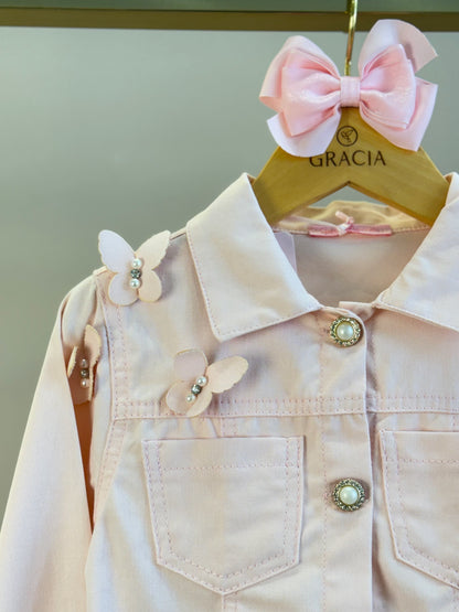 Conjunto Infantil Jaqueta Sarja Rosa Borboletas e Calça Wide Rosa - Gabriela Aquarela