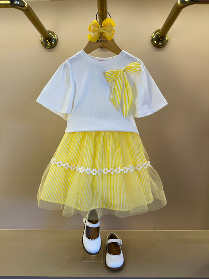 Conjunto Infantil Blusa Laço e Saia Listrada Com Aplicação de Flores - Momi