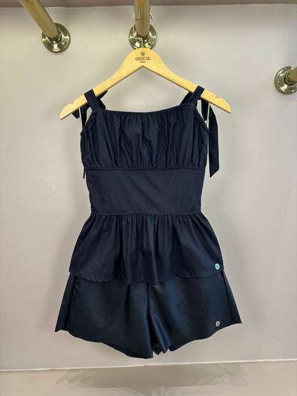 Conjunto Teen Blusa Busto Franzido e Shorts Clochard Couro Tech Preto - Two In